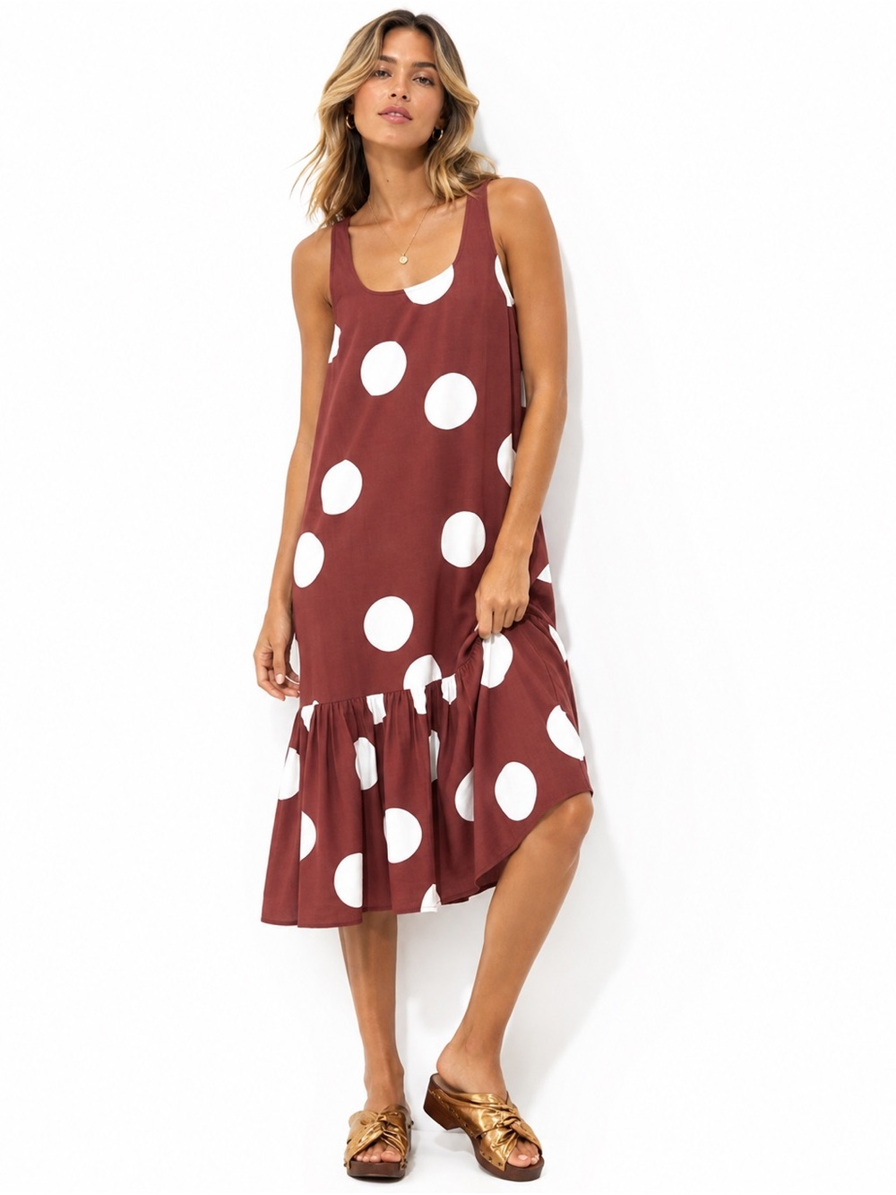 Anthropologie Polka Dot Midi Dress Small Burgundy White Sleeveless Ruffle Hem S - Picture 3 of 11
